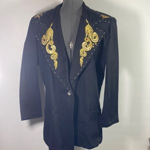 Vintage Jen Jen by Darian Black Blazer/Jacket Golden Embroidery Red Accent